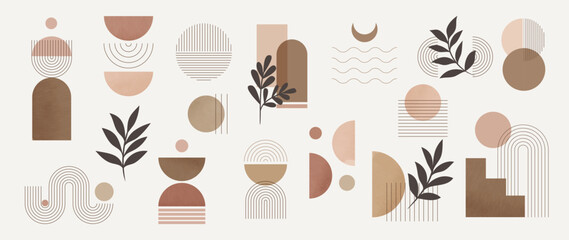 Fototapeta na wymiar Hand drawn abstract minimal element mid century vector set. Aesthetic contemporary stripe line art, watercolor geometric shapes in earth tone. Art form design for wall art, decoration, wallpaper.