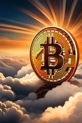 Bitcoin coin in the clouds