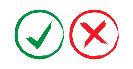 Acceptance and rejection symbol vector, Circle brush stroke borders. Symbolic OK and X icon, Tick and cross signs, check marks design