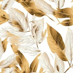 gold leaves drawn outline on white background.print for packaging or wallpaper. Generative AI