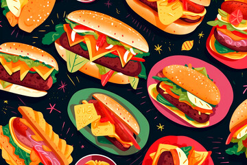 Festive party burgers hot dogs nachos. Generative AI