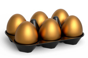 Luxury gold eggs standing in plastic tray for morning breakfast