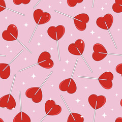 St Valentine Day Heart shaped Lollipop vector seamless pattern. Sweet Valentine Candy background. Red pink aesthetics love sweets and treats surface design for 14 February holiday. - 589200705