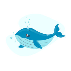 Cute blue whale swimming in sea or ocean. Giant underwater animal