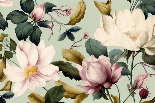 Floral Wallpaper, Watercolor Peonies Flower Brach Green Leave. Light Color Background. Vintage floristic Style, Generative, AI.