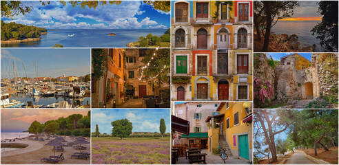 A colorful collage of beautiful places in cozy and quiet town Porec.Porec is a tourist destination on Adriatic coast of Croatia,Istria, Europe.Collection of travel photos - 589201301