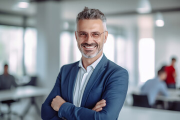 Business man with glasses and beard stands in modern office and smiles - theme profit, turnover, success or career - Generative AI