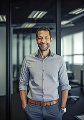 Business man in shirt stands in modern office and smiles at camera - theme success, career or starting a business - Generative AI