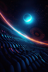 A magical realistic glowing hyper - realistic futuristic colorful mesmerizing, cyber hypnotic pattern in the style of dimensional illusion of a landscape with glowing moon and star. 