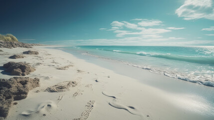 Beach under blue sky, white sand, sparkling water