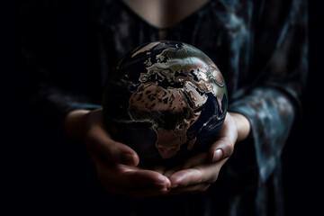 Hands holding Planet Earth. Earth Day conceptual illustration. Generative AI