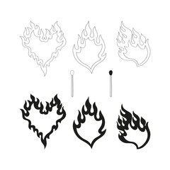 Howdy Valentines Day flaming hearts matches illustration set isolated on white. Wild west linear colouring page fire heart print collection for love postcard design.