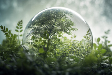 Conceptual illustration of an orb with vegetaion, plants and trees. Earth Day Concept. Generative AI