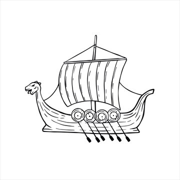 Viking boat. Nordic Drakkar, Swedish warship. Longship with oars. Cartoon scandinavian sailboat