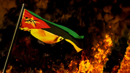 flag of Mozambique on burning fire bg - hard times concept - abstract 3D rendering