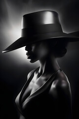 Illustrative monochrome Image of a female model in wearing a Large Hat created with Generative AI Technology