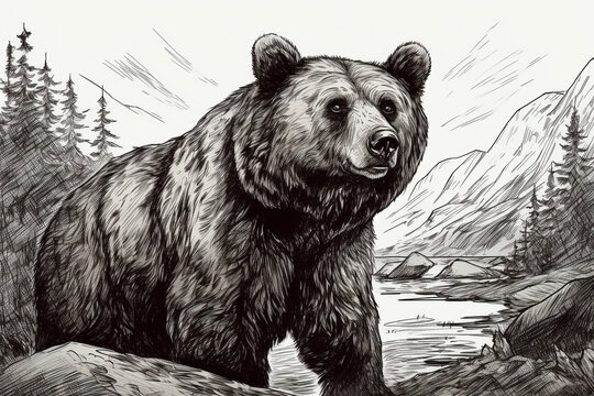 Hand drawn bear in his natural habitat. Ink illustration. Generative AI
