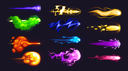 Hand -drawn vector set of cartoon laser, electric, fiery, plasma, poisonous, smoky shots.