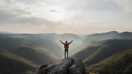 successful man. man standing on a cliff with arms outstretched facing the sun.
