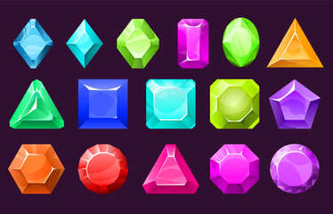 Hand -drawn vector set of multi -colored, red, pink, yellow, orange, green crystals and gems.