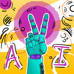 Hand -drawn vector abstract fantastic illustration of the hand of the robot with black stroke.