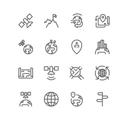 Set of global navigation related icons, world map, branch office, business trip and linear variety symbols.	
