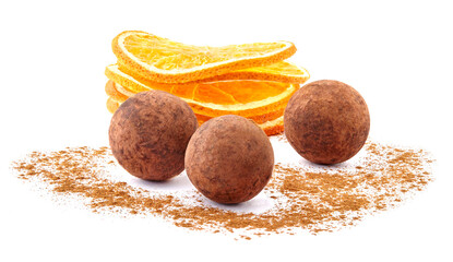 Chocolate cocoa truffles candy sweets with orange isolated on white background.