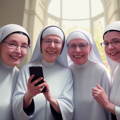 nuns are smiling while holding a cell phone. generated by ai