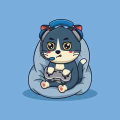 Vector Cute Cat Playing Video Game Illustration. Kawaii Animal Cartoon Character Design For Banner, Poster, Icon, and Mascot