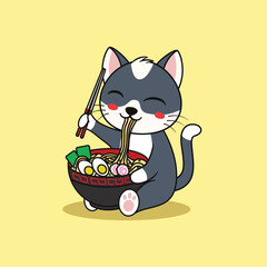 Vector Cute Cat Eating Ramen Illustration. Kawaii Animal Cartoon Character Design For Banner, Poster, Icon, and Mascot