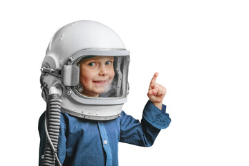 A small child imagines himself to be an astronaut in an astronaut's helmet.