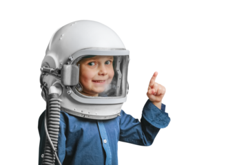 A small child imagines himself to be an astronaut in an astronaut's helmet.