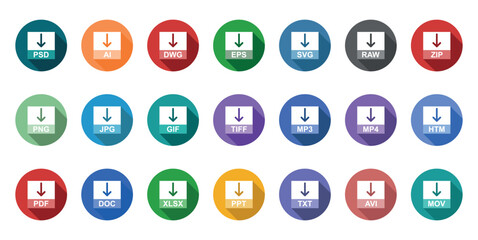 Set of vectors with various file formats/types/extensions - colored circular shadowed icons.