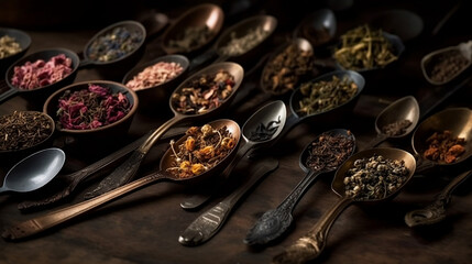 A collection of dried tea leaves presented in antique spoons. Generative AI. - obrazy, fototapety, plakaty