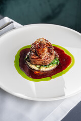 Tournedos Rossini. Foie gras, Black Angus beef tenderloin, with red wine sauce. Fillet mignon steak with Foie Gras.