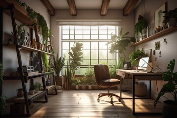 Fototapeta premium The Ideal Home Office, with perfect lighting, nice house plants, and a view from behind a person sitting naturally on a chair. The calm and serene mood invites the viewer to appreciate.