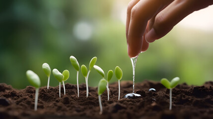  Agriculture. Growing plants. Plant seedling. Hand nurturing and watering young baby plants growing in germination sequence on fertile soil with natural green background. Generative AI