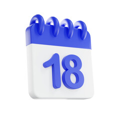 3d rendering calendar icon with a day of 18. Blue and white color.