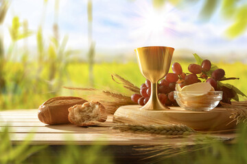 Eucharistic celebration with sacred elements in the field