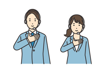 胸に手を当てるオペレーターの女性と男性のイラストセット