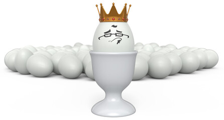 Crowd of farm white chicken eggs and unique egg with funny face and crown on it