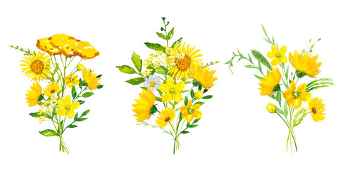 Set of bouquets with meadow yellow flowers and leaves. Watercolor floral illustration