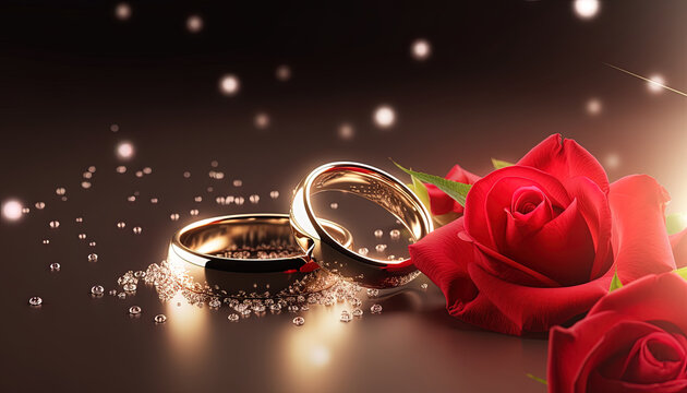 Close-up with wedding rings and rose flower on a flat surface and blurred background