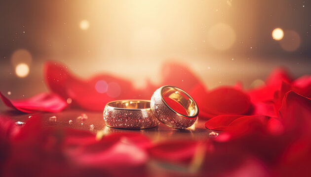 Wedding rings and red petals flower on a flat surface and blurred background