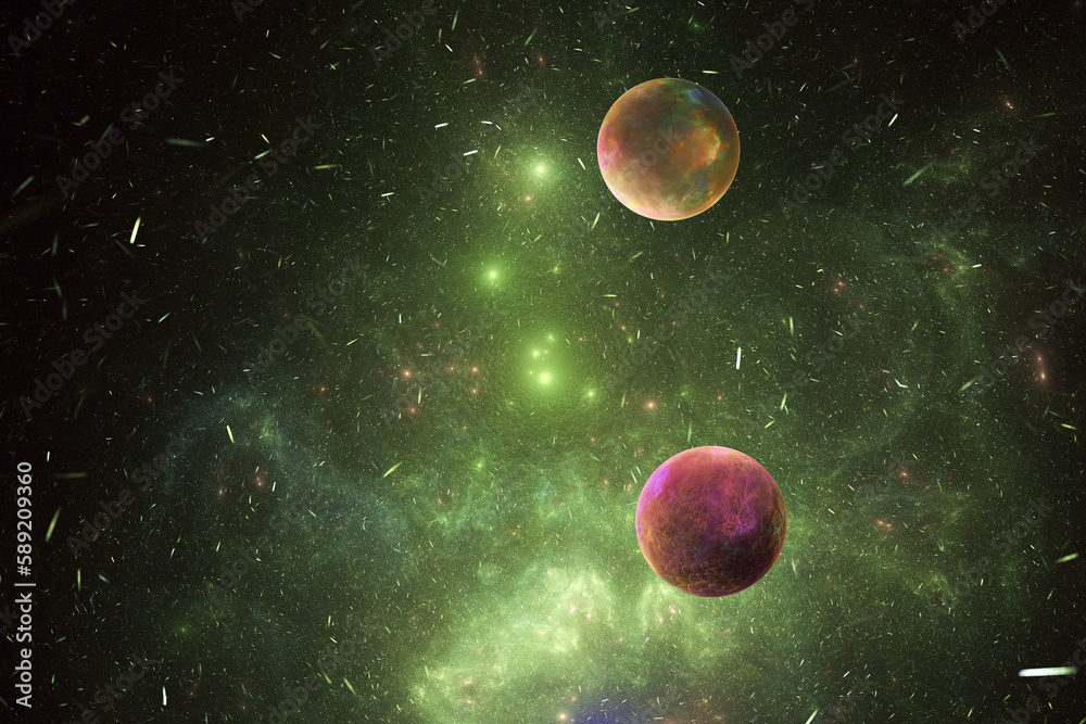 Wall mural green clouds of stardust with two planets in black space. abstract fractal 3d rendering
