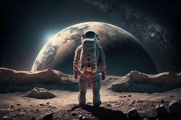 Amazed astronaut on the moon surface watches another planet. Space and universe exploration concept. Ai generated - 589209358