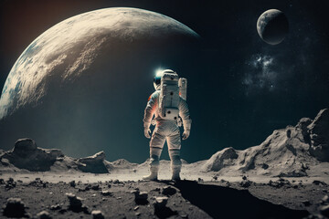 Amazed astronaut on the moon surface watches another planet. Space and universe exploration concept. Ai generated