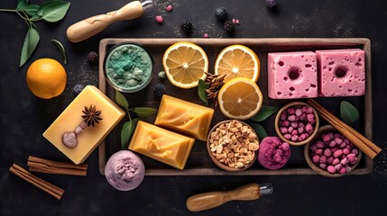 Natural healthy colorful soap bars, on black background, flat top view