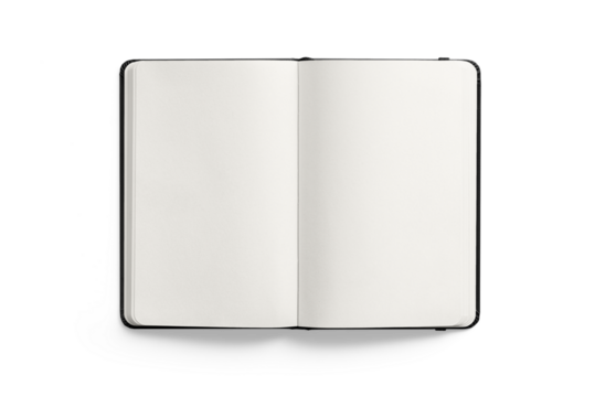 Top view of a black leather notebook mockup isolated on a transparent background, PNG. High resolution. 