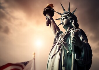 Obraz premium a statue of liberty with an american flag